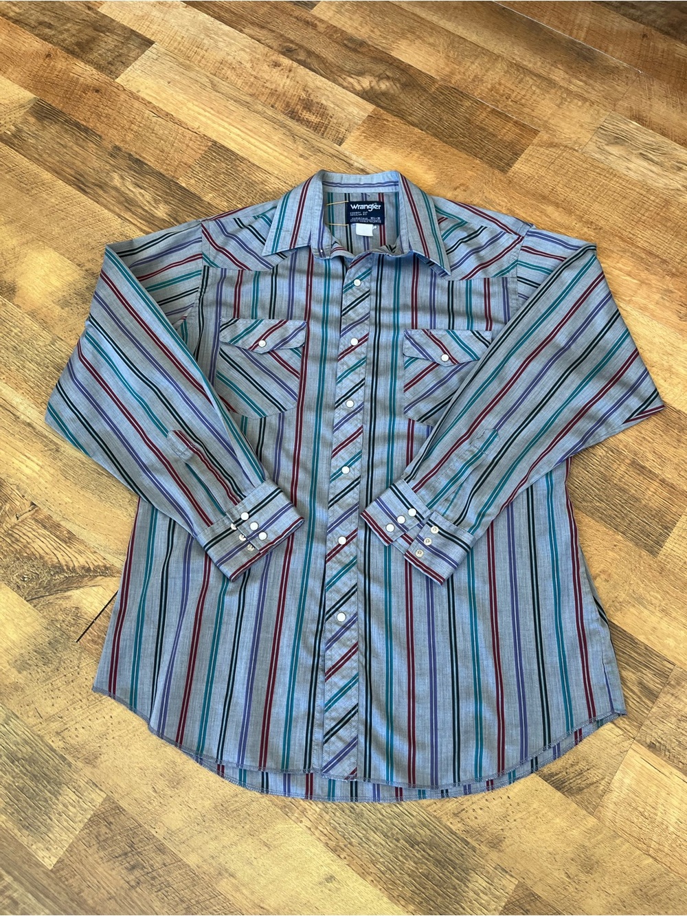 Wrangler Blue Shirt with Red and Teal Stripes